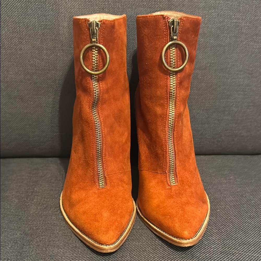 Suede Ankle Boots with Front Zipper - Rust